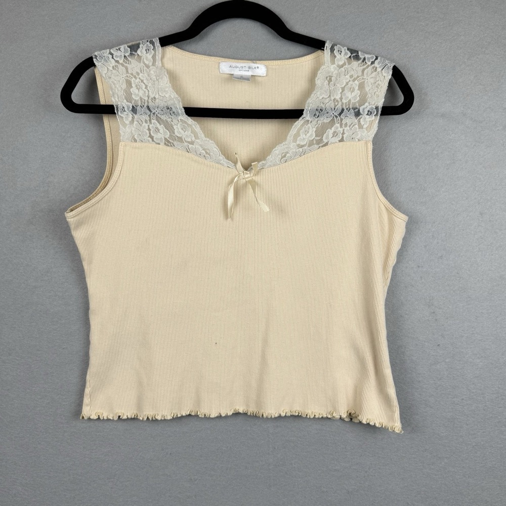August Silk Options Yellow Lace Cami Ribbed Cotton Tank Top XL Coquette *Read